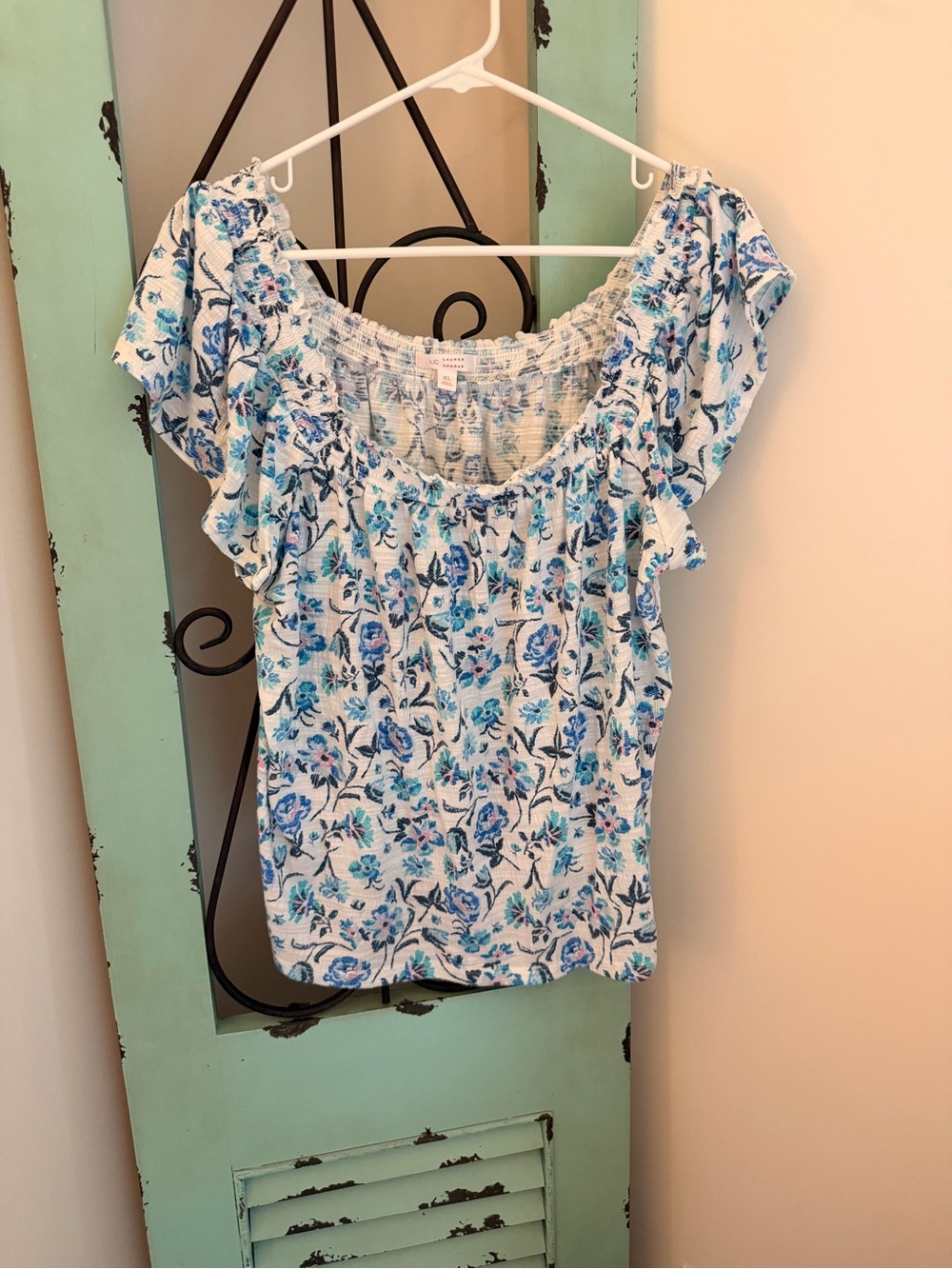 LC Lauren Conrad Blue and White Floral Off-Shoulder Ruffle Top